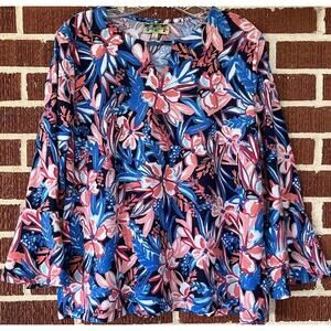 Palm Grove Floral Print Keyhole Neck Knit Top Size Large